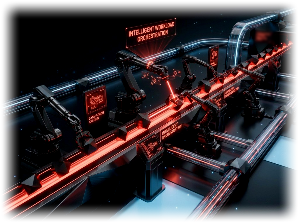 Robotic assembly line running intelligent workload orchestration